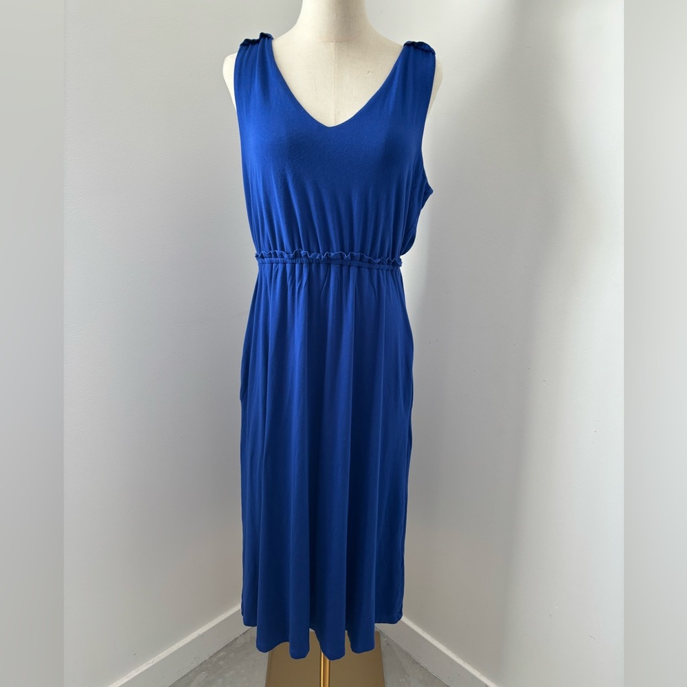Cynthia Rowley Royal Blue V-neck Sleeveless Ruffle Detail Jersey Mid Dress